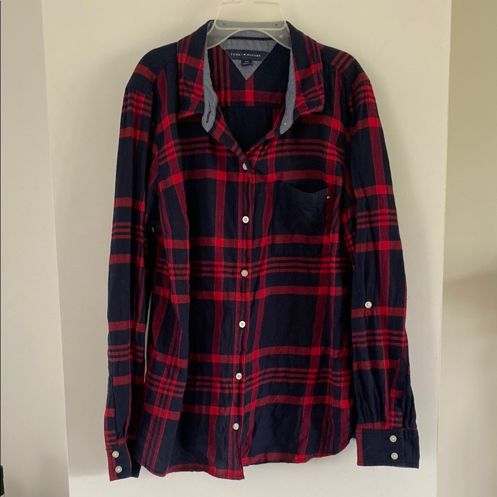 TOMMY HILFIGER navy blue red lightweight flannel classic plaid tartan L